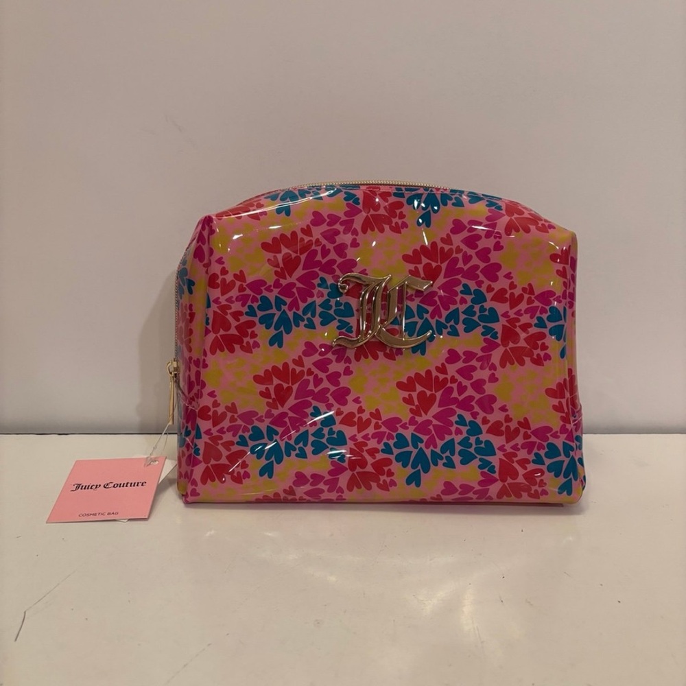 Juicy Couture PVC Cosmetic Makeup Wedge Bag Multi Hearts w/bottle NWT